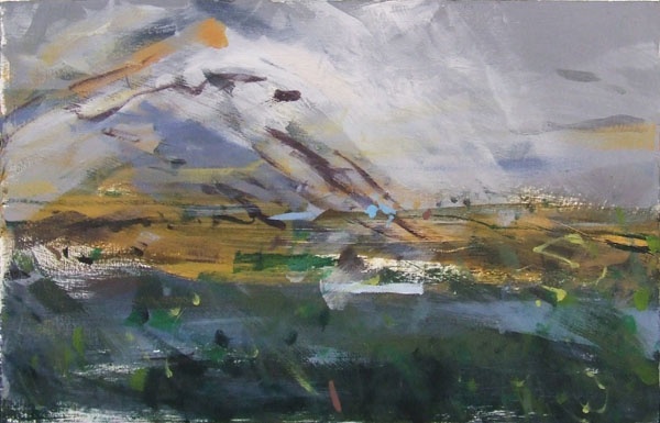 ‘Blind-painting’ of Connemara landscape; the paint was mixed while sighted, applied while blindfolded; based on a photo taken by me in Connemara on the road to Maam Cross; one of a series of six, oil on canvas, 1998