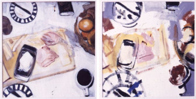 ‘Looking’ and ‘not looking’ versions of paintings done from a 'bad' Polaroid of a Munich meal