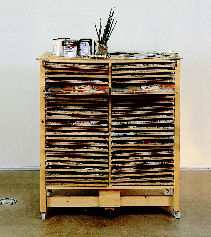 Wooden trolley constructed to hold 96 paintings based on 12 film stills each painted 8 times, from the film 'Rachel, Rachel'; now in Crawford Art Gallery collection